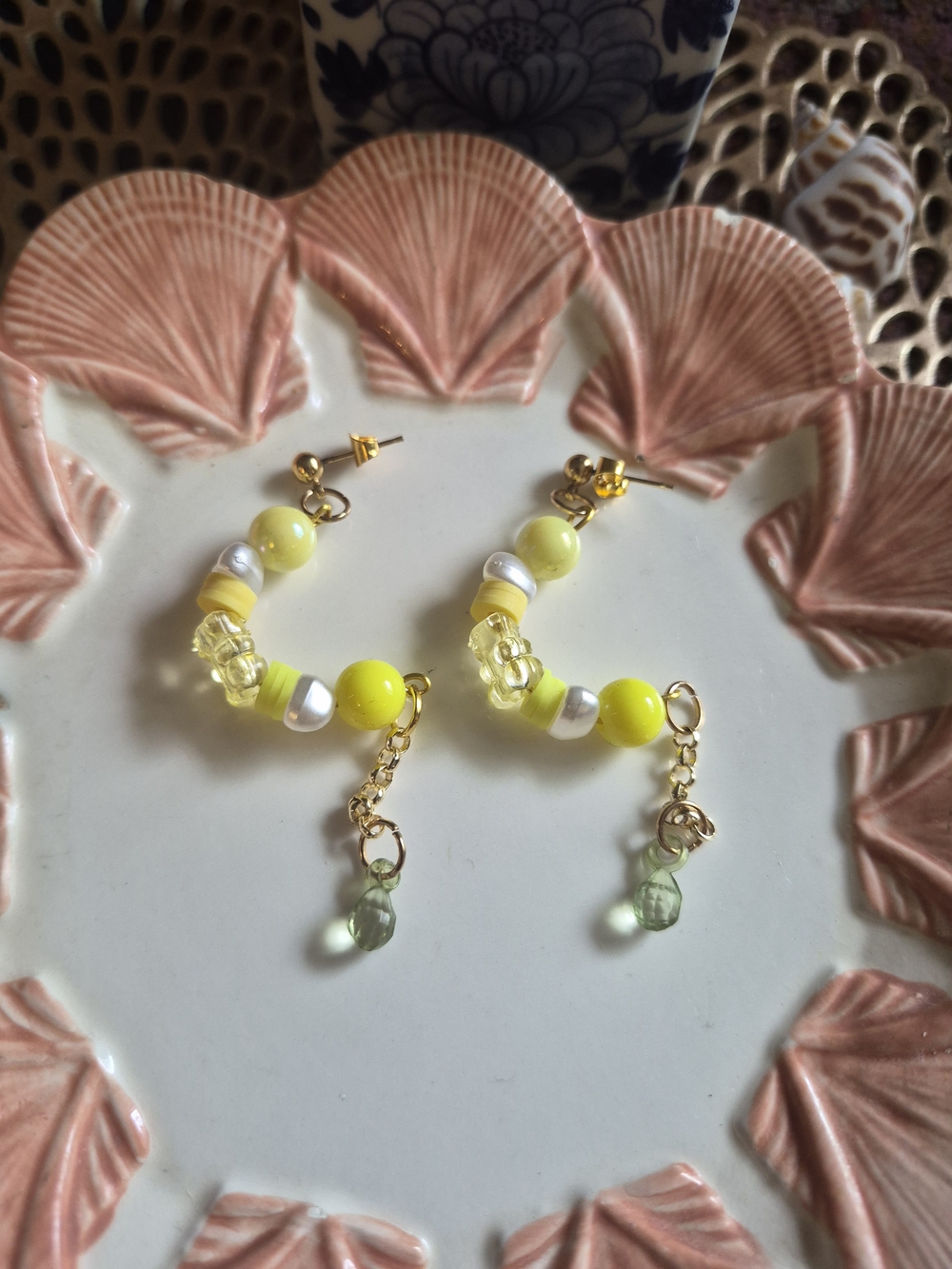Yellow Bead and Gold Chain Drop Hoop Earrings with Pale Green Accent